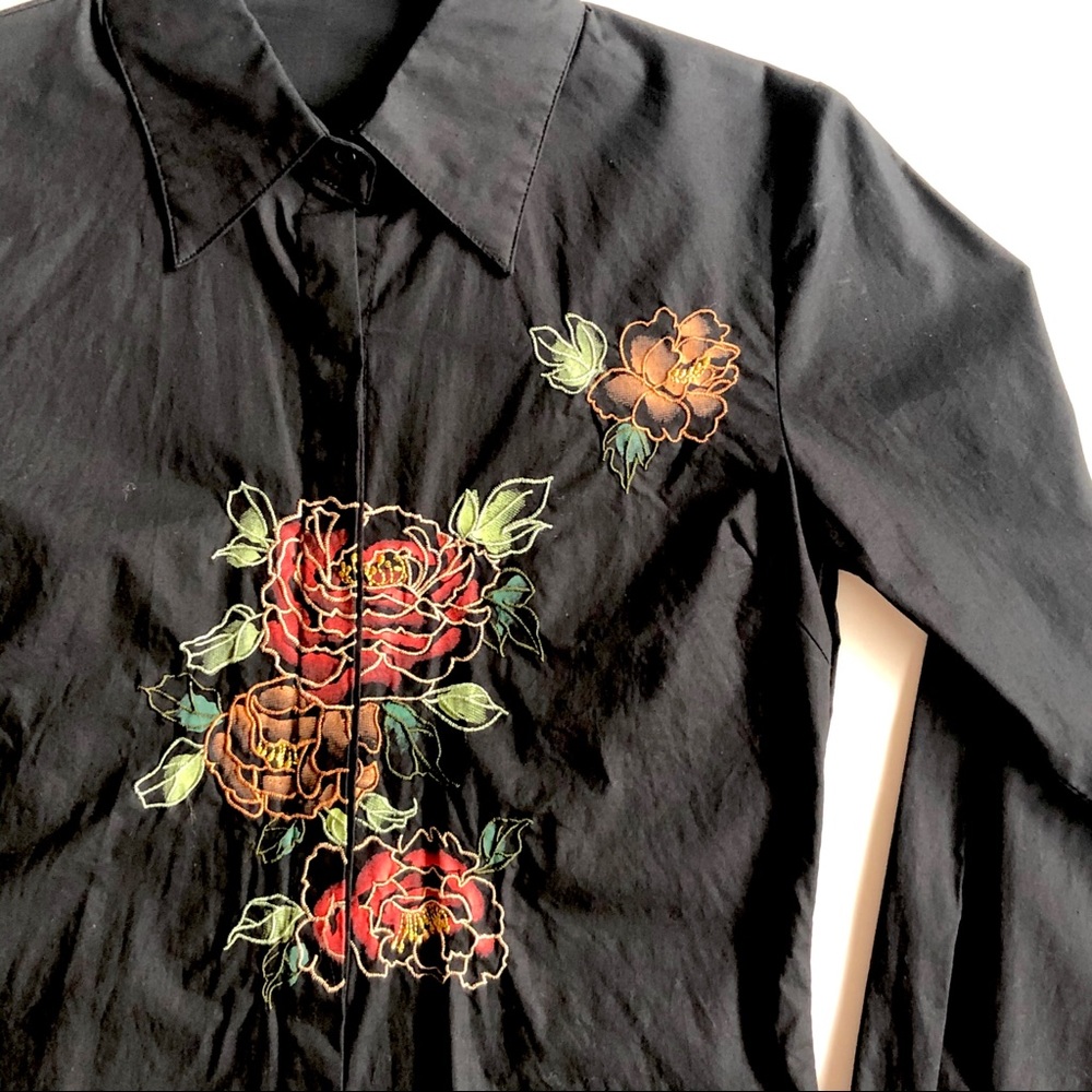 Black Floral Embroidery Cotton Button Down Shirt S
